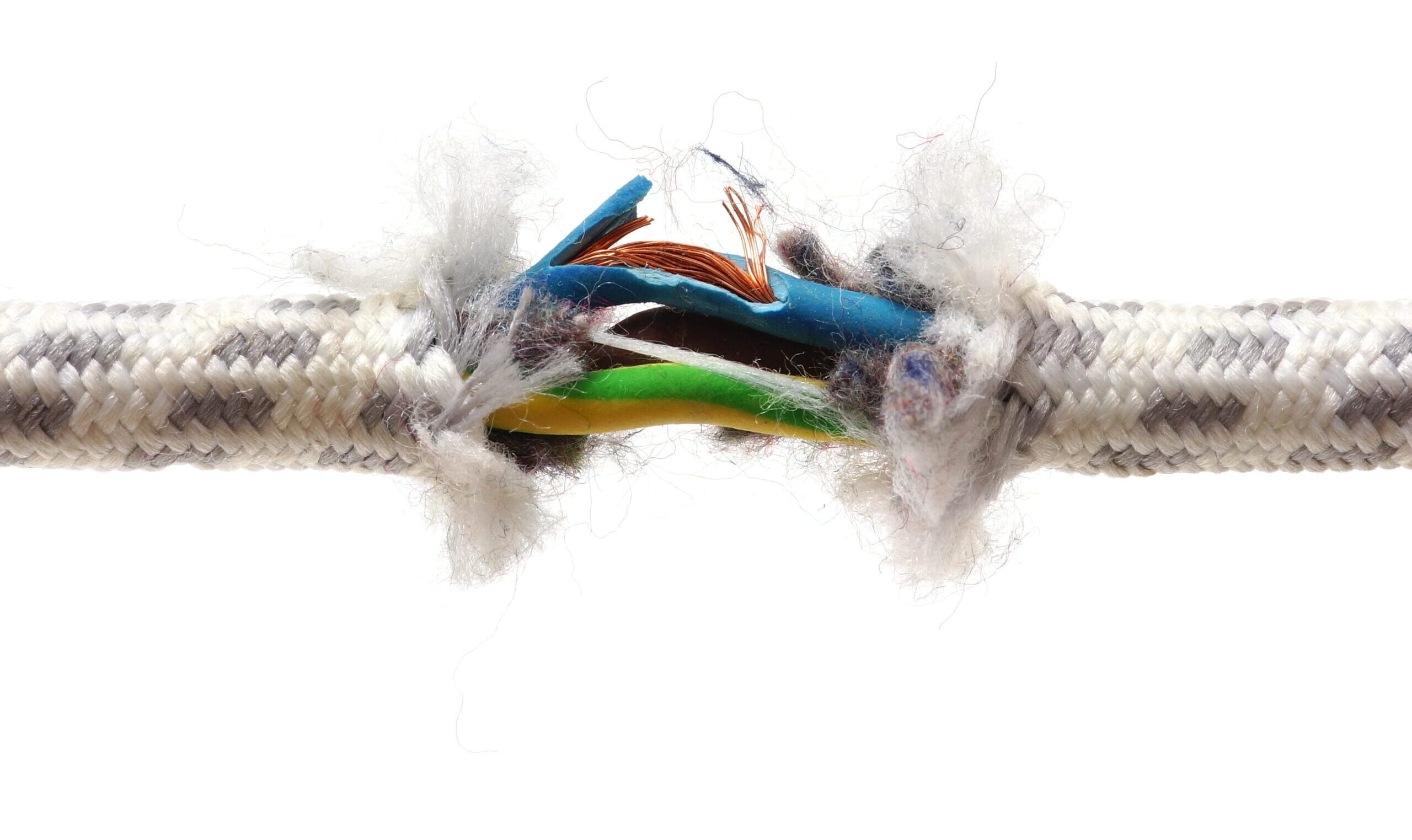Frayed and damaged electrical cable with exposed wires.